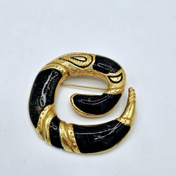 Serpent Snake Brooch Vintage Chunky Paisley Black Enamel Gold Tone Statement Pin - Picture 7 of 8